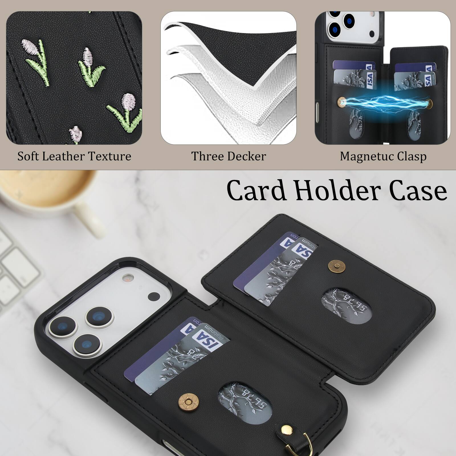 A ISA A SA - TA Soft Leather Texture Three Decker Magnetic Clasp Card Holder Case BAD A m SA 2 0% LICU A Plabinum ISA 8 95 95 95 95 d