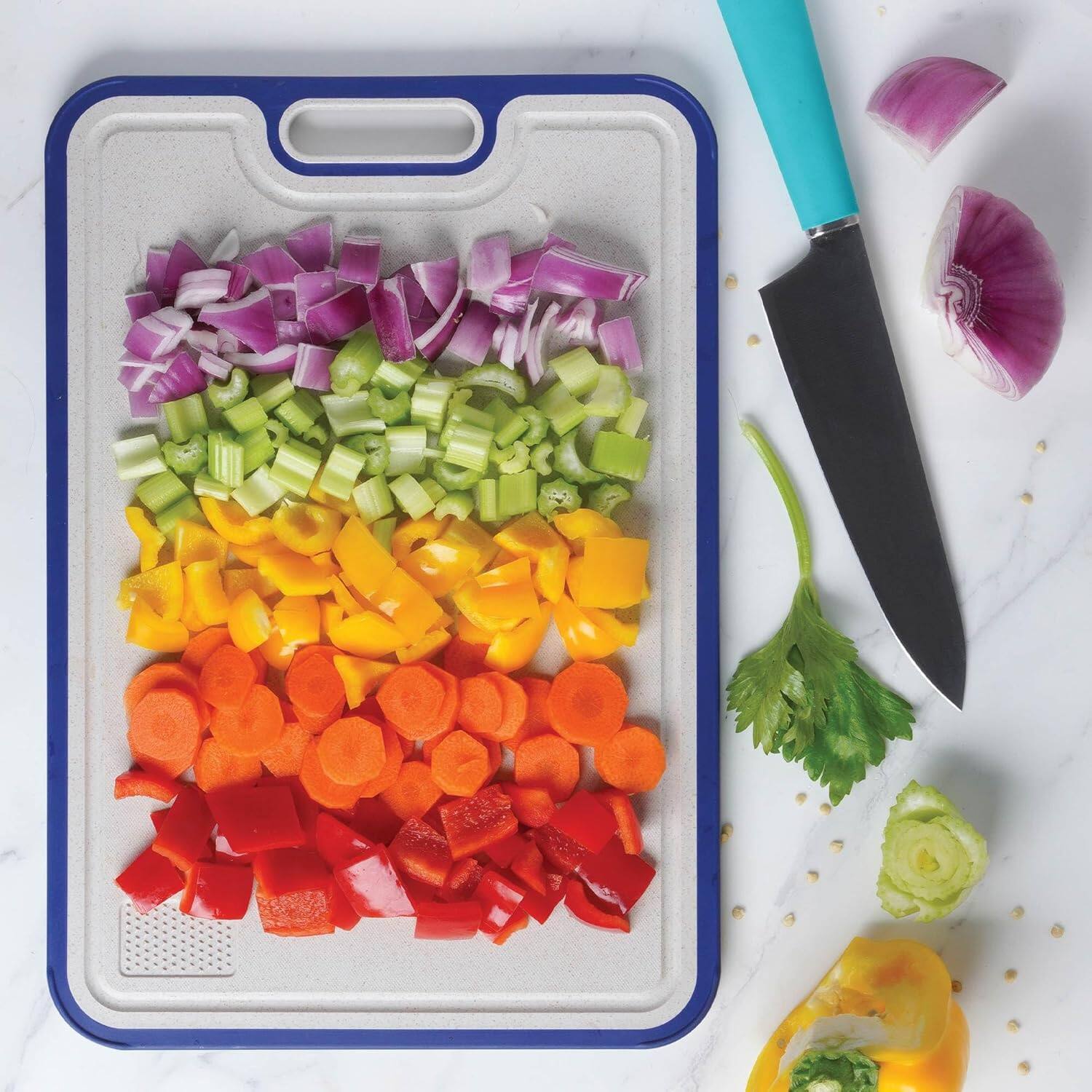 Angle. Baker's Secret - Baker's Secret Titanium Cutting Boards for Kitchen, Pure Titanium and Wheat Straw, Dishwasher Safe 16”×11” Navy Blue - Navy Blue.