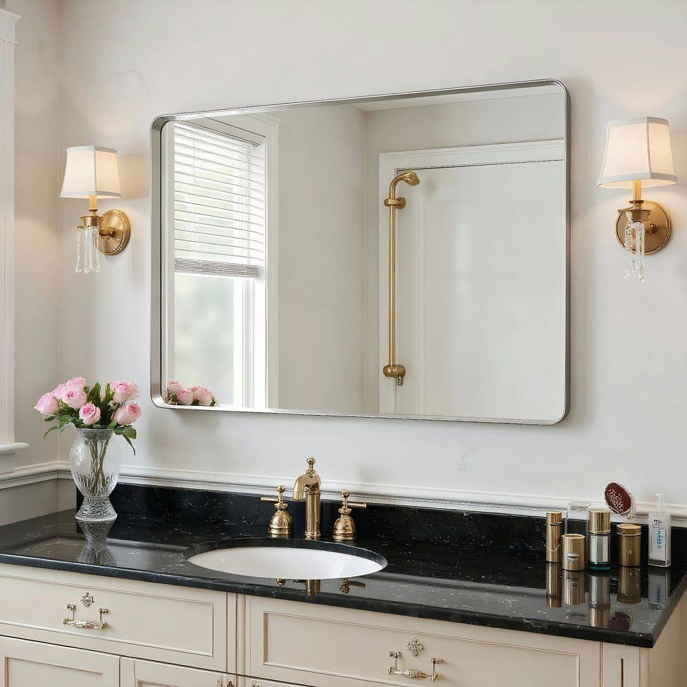 Alt View 6. Kadyn - 36x24 Inch Large Rectangle Wall Mirror with Rounded Corners and Silver Frame - Silver.