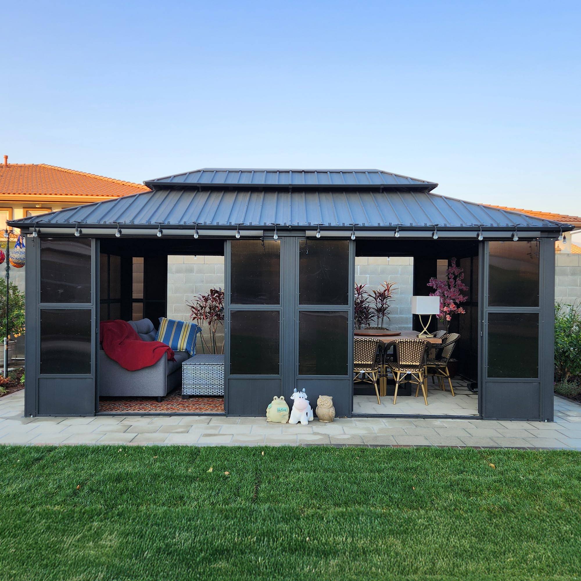 Angle. PURPLE LEAF - Sunroom Outdoor Hardtop Gazebo Gray Aluminum Frame Galvanized Steel Double Roof All-Weather Screen House - 12' X 20'.