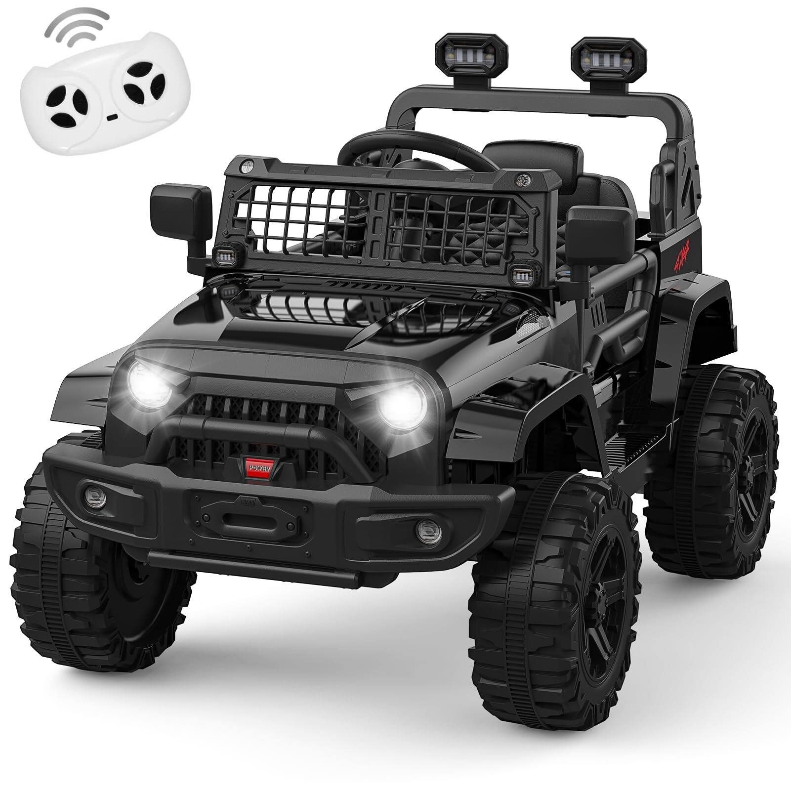 Jojoka - Ride on Truck, Kids Electric Vehicles with Remote Control, Lights, Bluetooth, 2 Speeds - Black