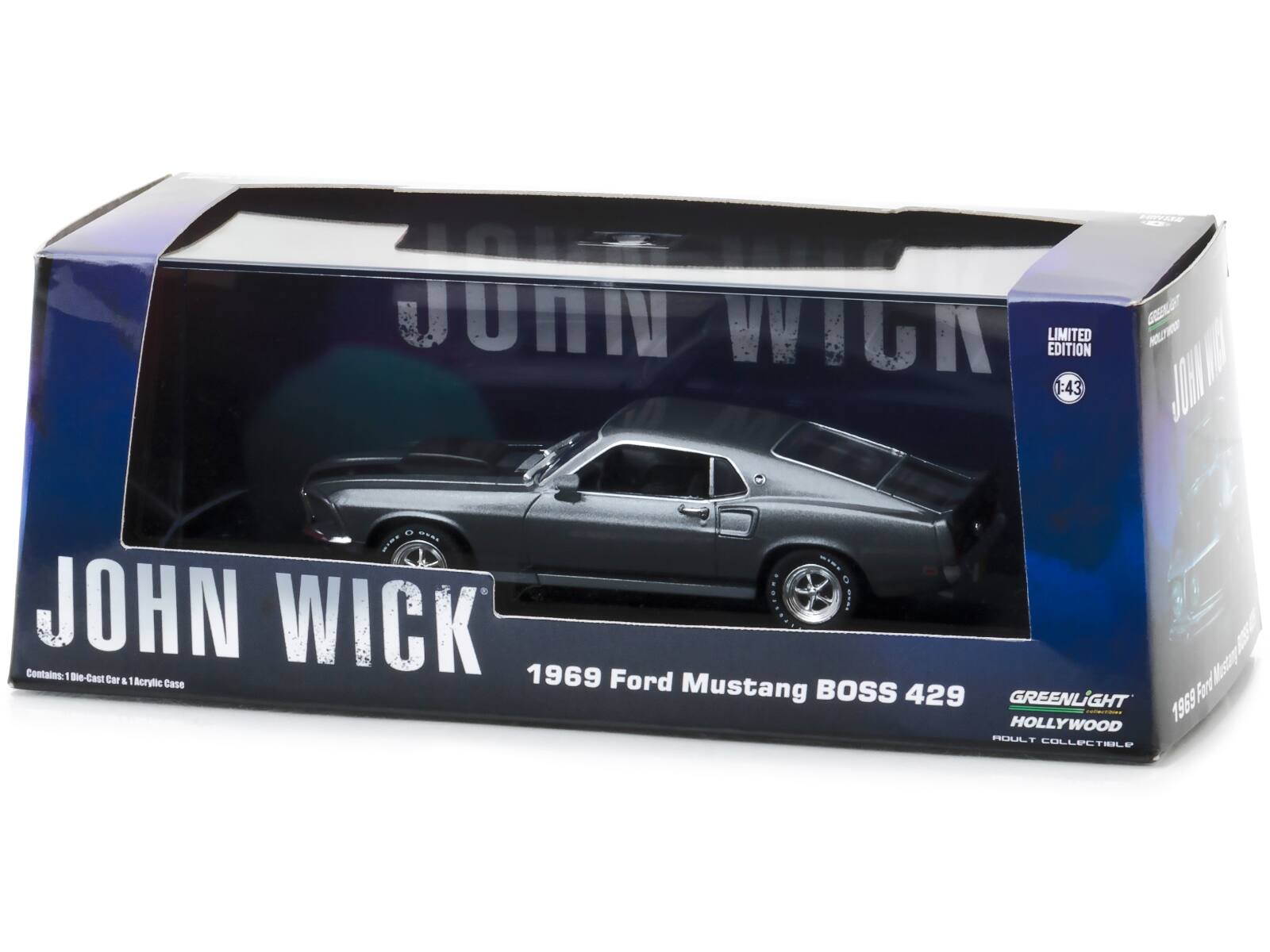 JORN WICK EDITION LIMITED: 43 AR - a M ZWN J . m*S w JOHN WICK  
Contains: 1 Die-Cast Car & 1 Acrylic Case  
1969 Ford Mustang BOSS 429  
GREENLIGHT HOLLYWOOD  
ROLT COLLECTIBLE
