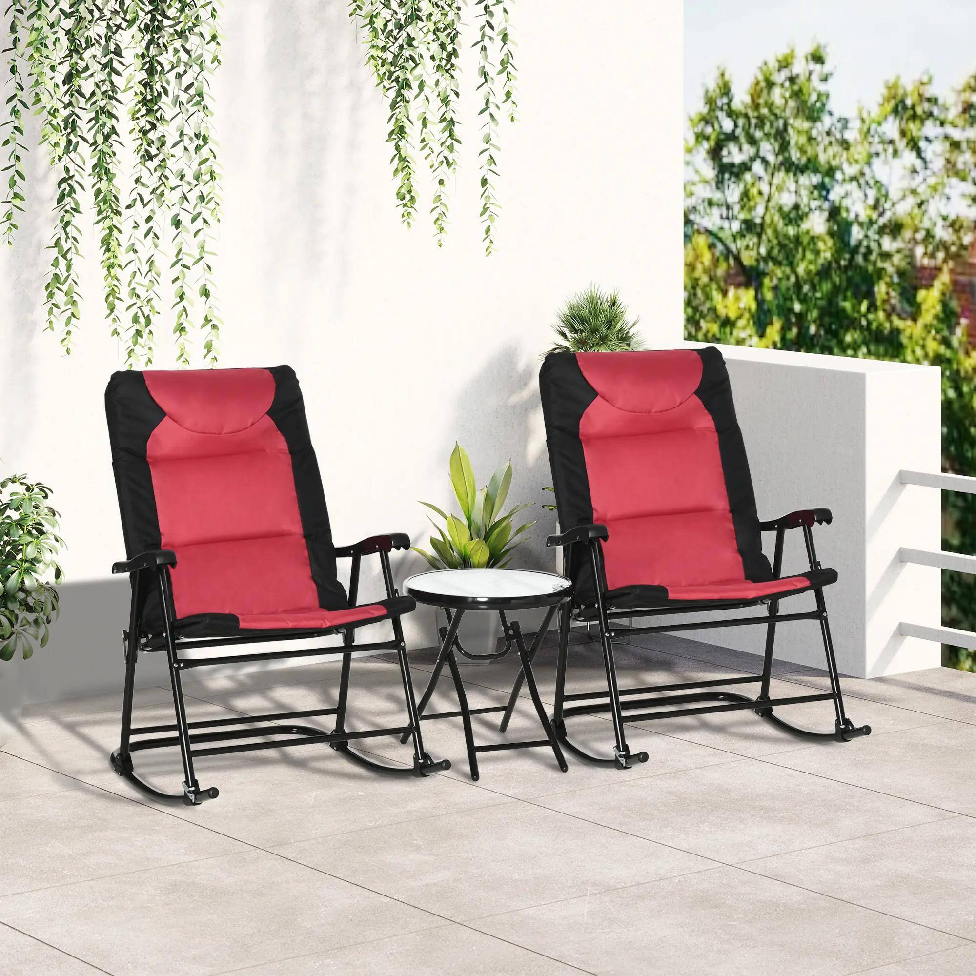 Angle. Resenkos - Resenkos 3-Pc Bistro Style Patio Set, Glass Table & 2 Padded Rocking Chairs, Porch, Camping, Balcony, Red - Red.