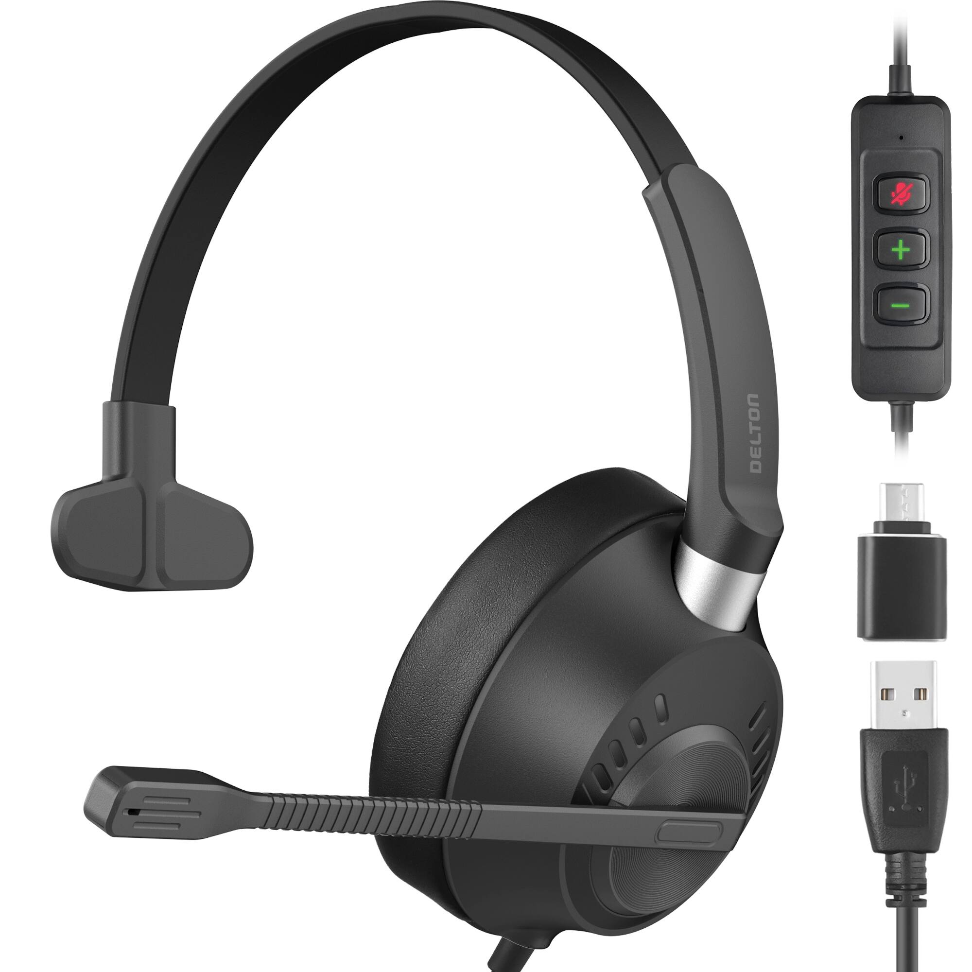 Front. Delton - Delton 40Y USB/USB-C Mono Headset with Noise Canceling Mic (DWH40YAC) - Black.