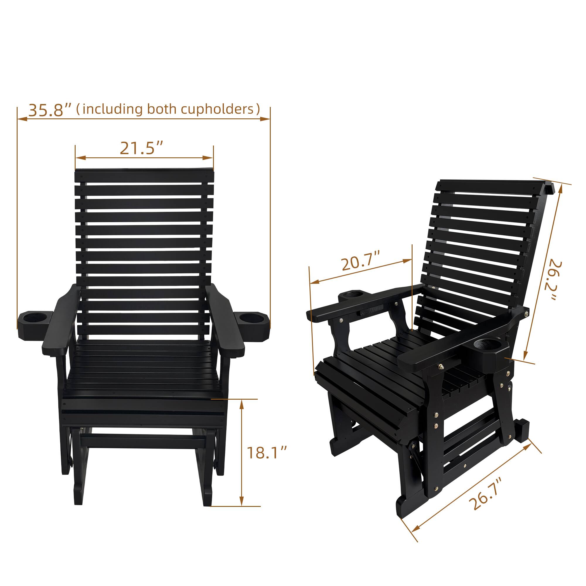 Angle. Fortune Candy - Wooden Patio Glider w/High Back & Deep Contoured Seat, Solid Fir Wood, Heavy-Duty 600 lbs(1 Searter, 2 Pack) - Black.