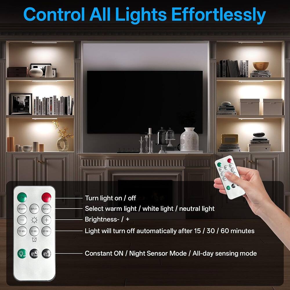 Control All Lights Effortlessly

- Turn light on / off
- Select warm light / white light / neutral light
- Brightness- / +
- Light will turn off automatically after 15 / 30 / 60 minutes
- Constant ON / Night Sensor Mode / All-day sensing mode