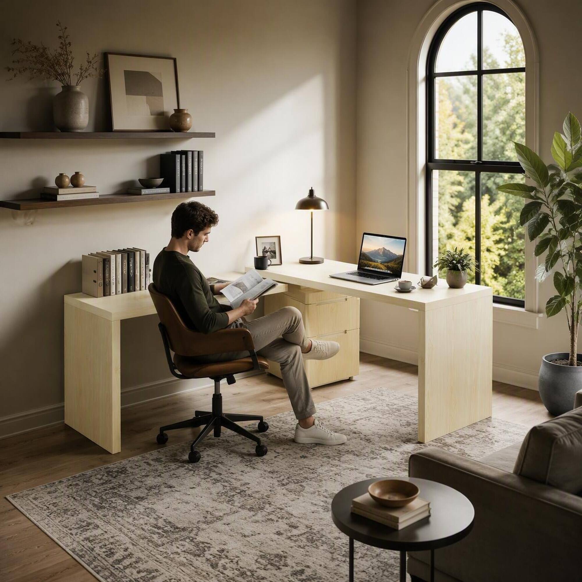 Angle. RYHNUYNE - Modern L-Shaped Executive Desk, 90.3 in Natural Wood Finish, 360 degrees Rotating Corner Workstation, 3 Drawers, - Natural Wood.