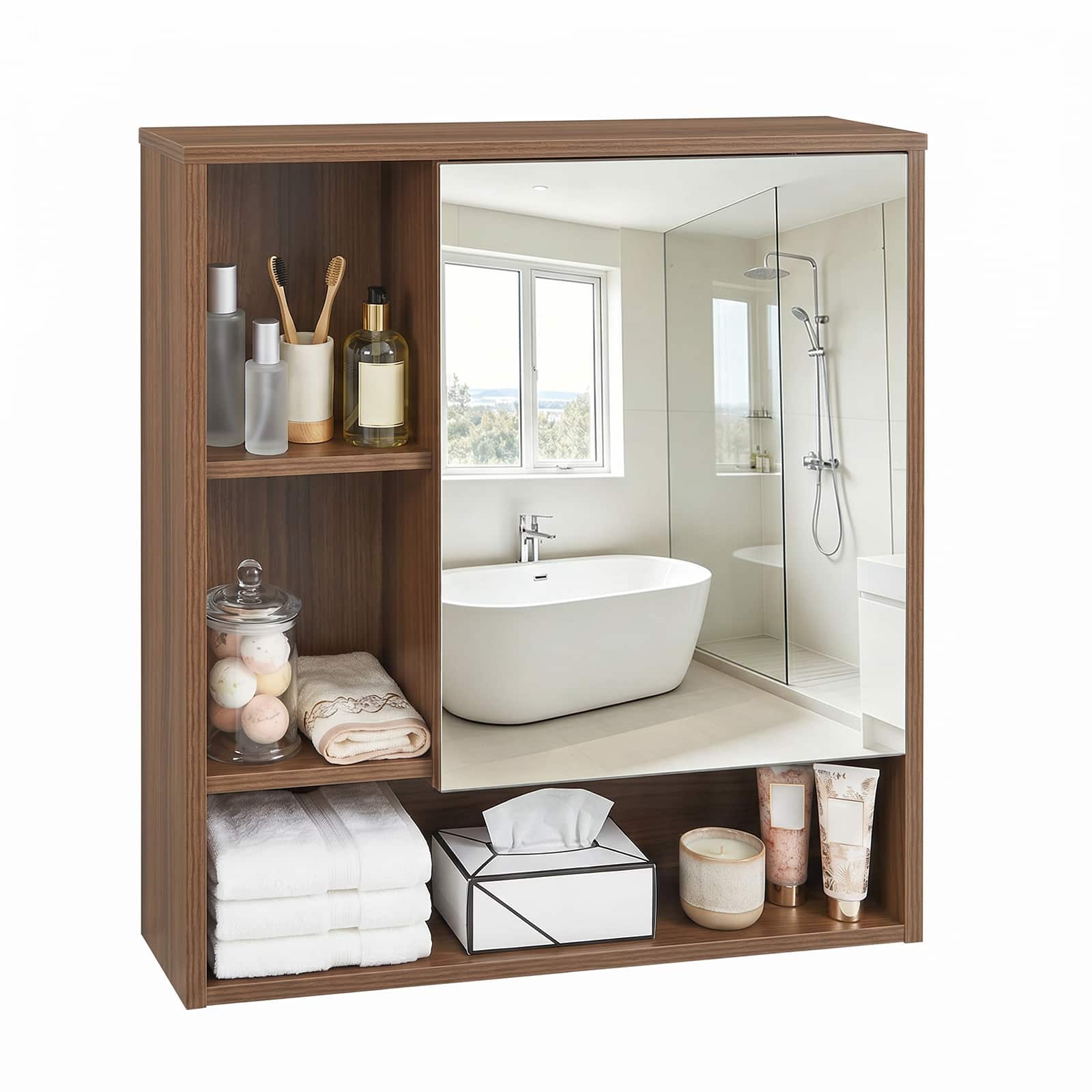 Costway - Bathroom Mirror Cabinet with 2 Hidden Storage Shelves, 3 Open Storage Compartments - Walnut price history on PriceWatchPro
