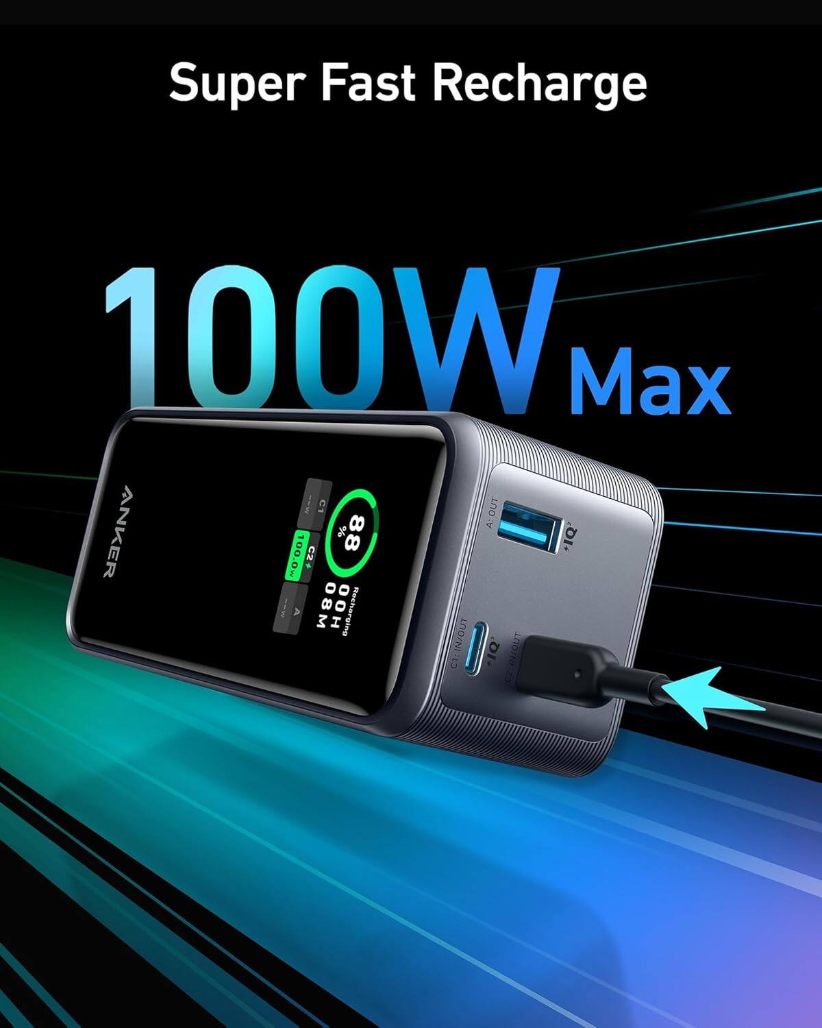 Super Fast Recharge  
100W Max  

C1: 100W  
C2: 100W  

C1: Recharging  
C2: 88%  

08M