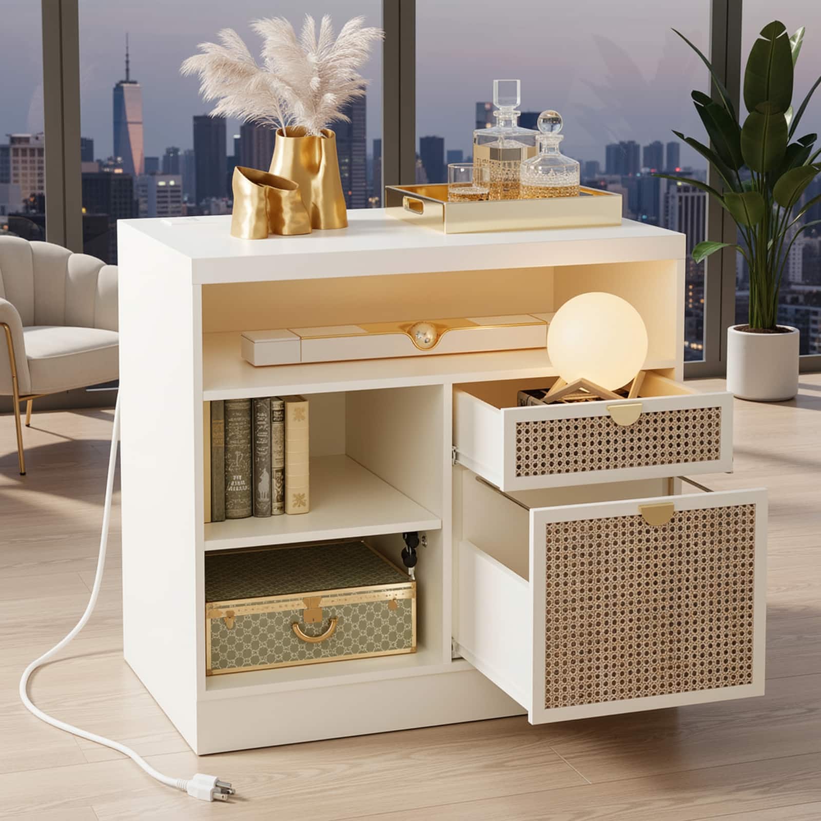 ModernMate - 2 Drawer Wood Rattan Lateral File Cabinet with Lock, Power Strip and Storage Shelves