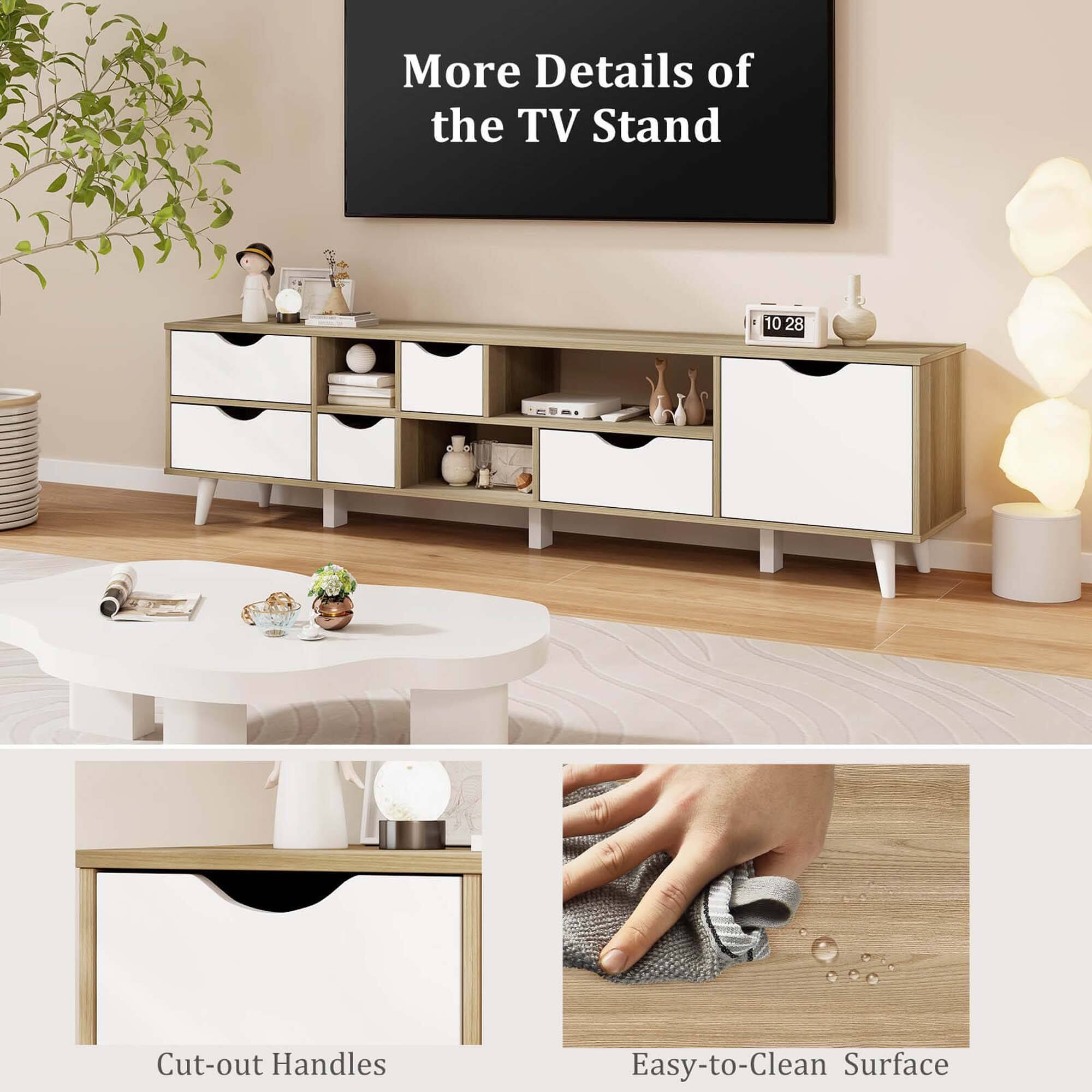 "More Details of the TV Stand: 10 Cut-out Handles, Easy-to-Clean Surface."