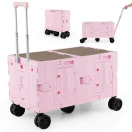 Costway - Large Foldable Utility Cart with 2-Tier Storage Crates 5 Rotate Wheels Metal - Pink