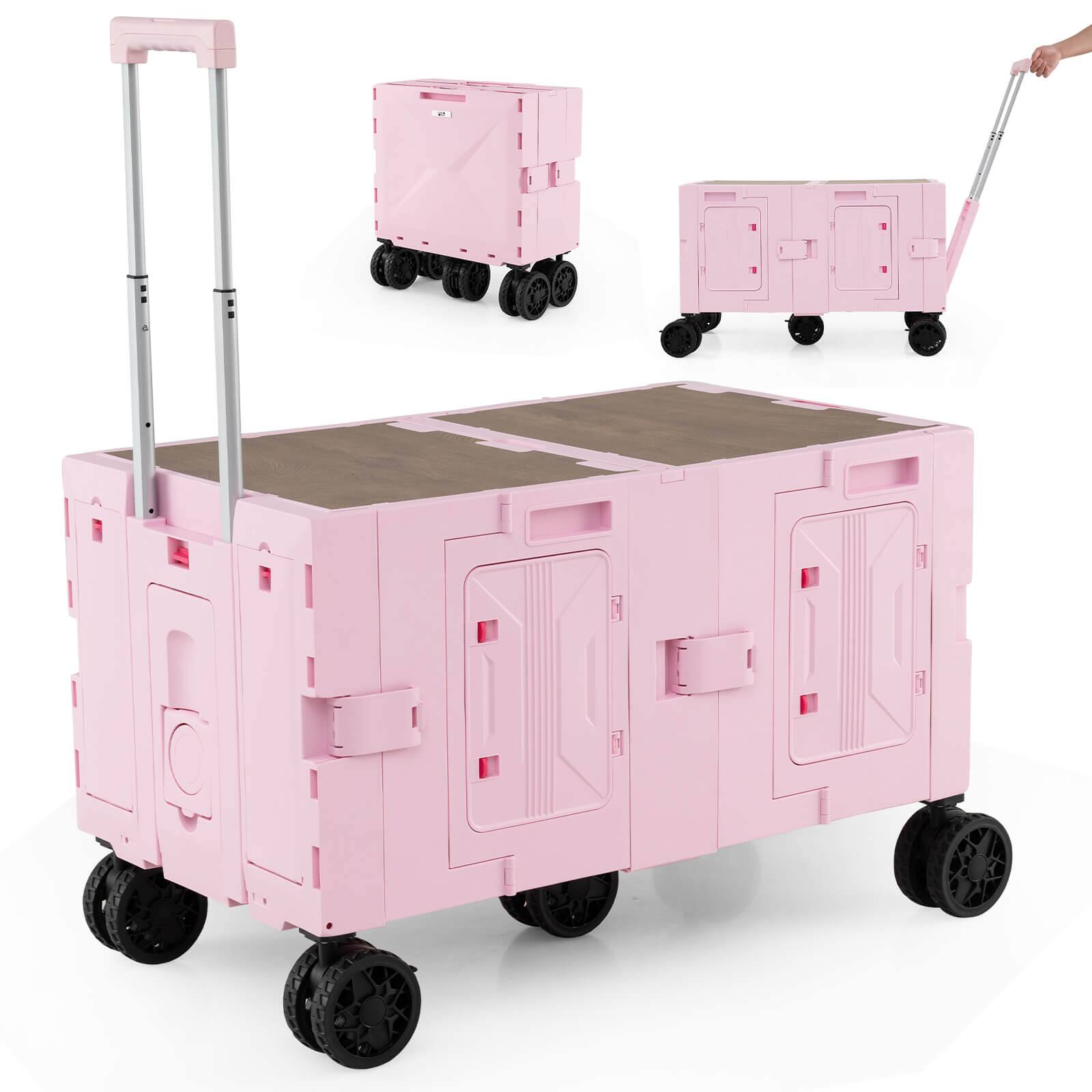Costway - Large Foldable Utility Cart with 2-Tier Storage Crates 5 Rotate Wheels Metal - Pink