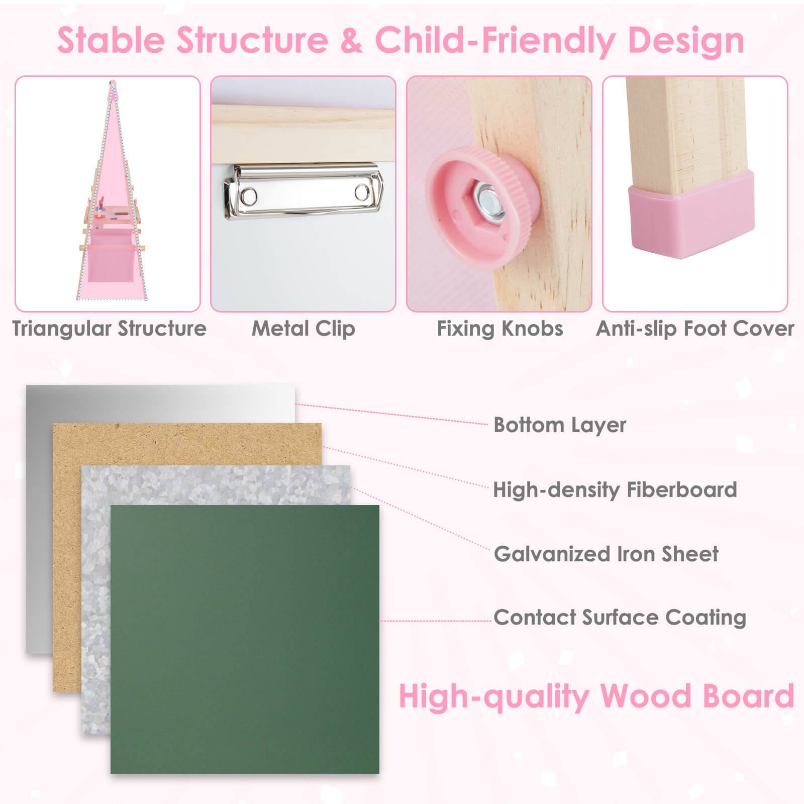 Stable Structure & Child-Friendly Design

- Triangular Structure
- Metal Clip
- Fixing Knobs
- Anti-slip Foot Cover

Bottom Layer
- High-density Fiberboard
- Galvanized Iron Sheet
- Contact Surface Coating

High-quality Wood Board