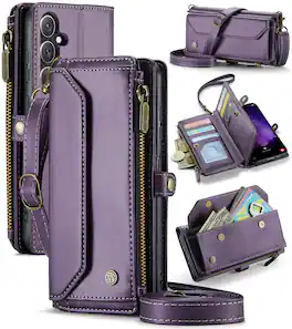Dteck - Crossbody Wallet Case for Samsung Galaxy S25 FE with Card Slots and Zipper Pocket, RFID Blocking PU Leather Cover - Purple