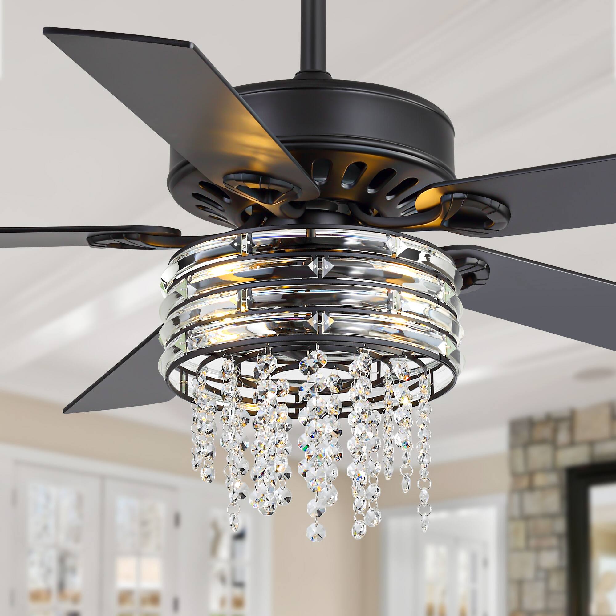 Angle. Breezary - 52-Inch Ceiling Fan with Light, 5 Reversible Plywood Blades, Crystal Cage Fixture, DC Motor, Remote, 2 Downrods - Grey.