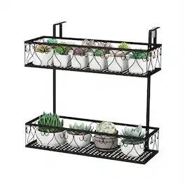 Gymax - 2-Tier Flower Pot Holder Balcony Hanging Rack Railing Shelf w/ Adjustable Hooks - Black