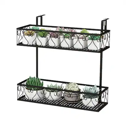 Front. Gymax - Gymax 2-Tier Flower Pot Holder Balcony Hanging Rack Railing Shelf w/ Adjustable Hooks - Black.