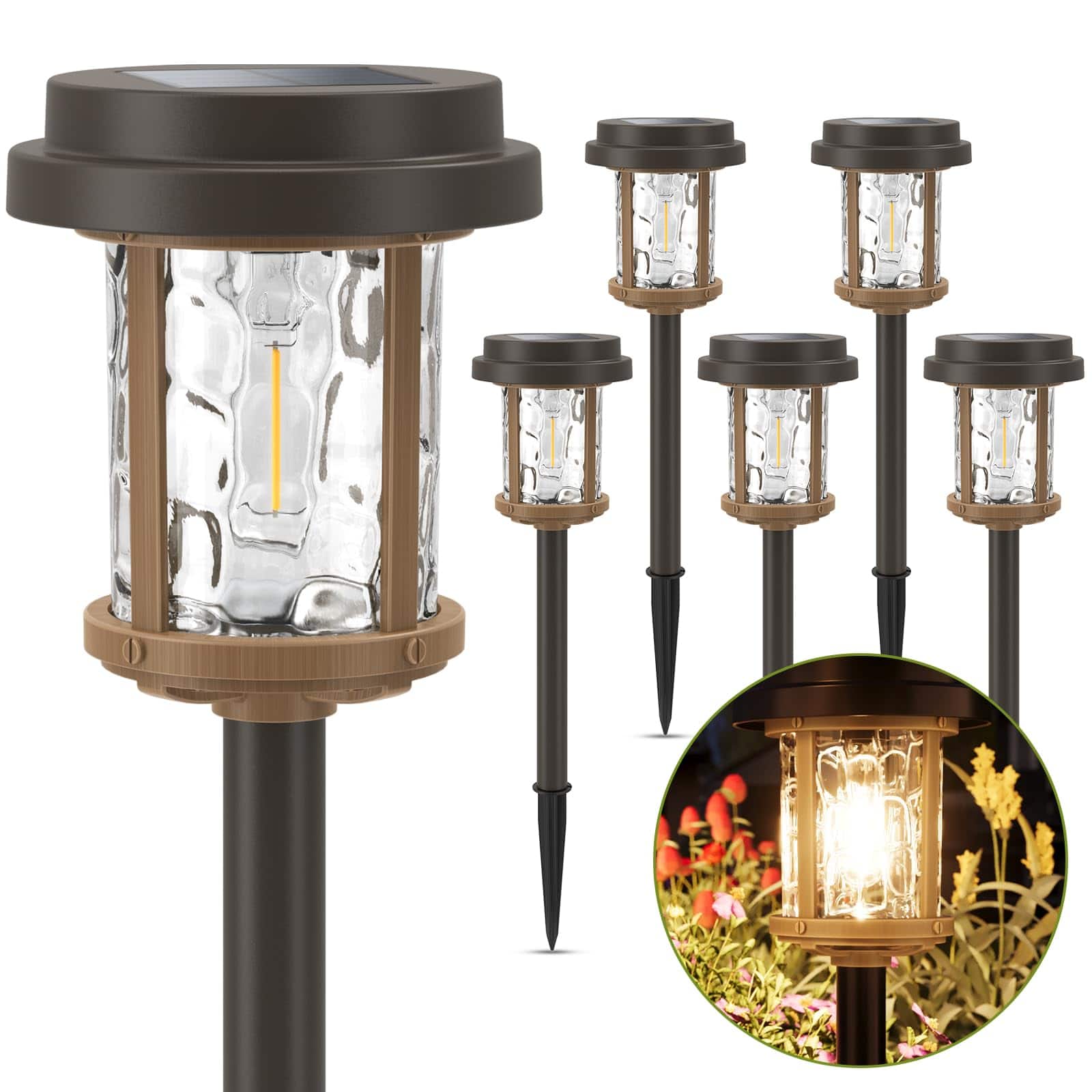 Dazzed Corner - 6-Pack 20LM Solar Pathway Lights, Metal Glass, Waterproof Auto On/Off - Black