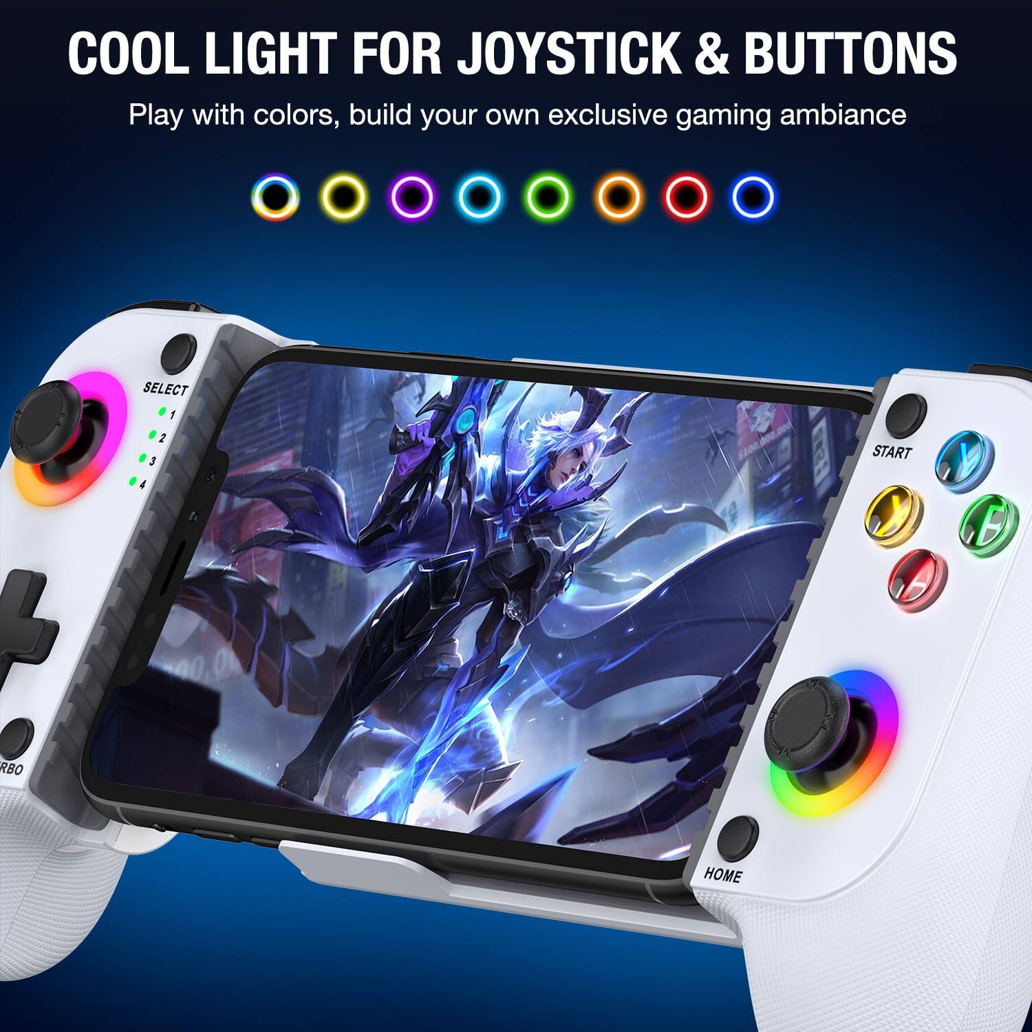 COOL LIGHT FOR JOYSTICK & BUTTONS  
Play with colors, build your own exclusive gaming ambiance  

RBO: SELECT 2 J 4 HOME START