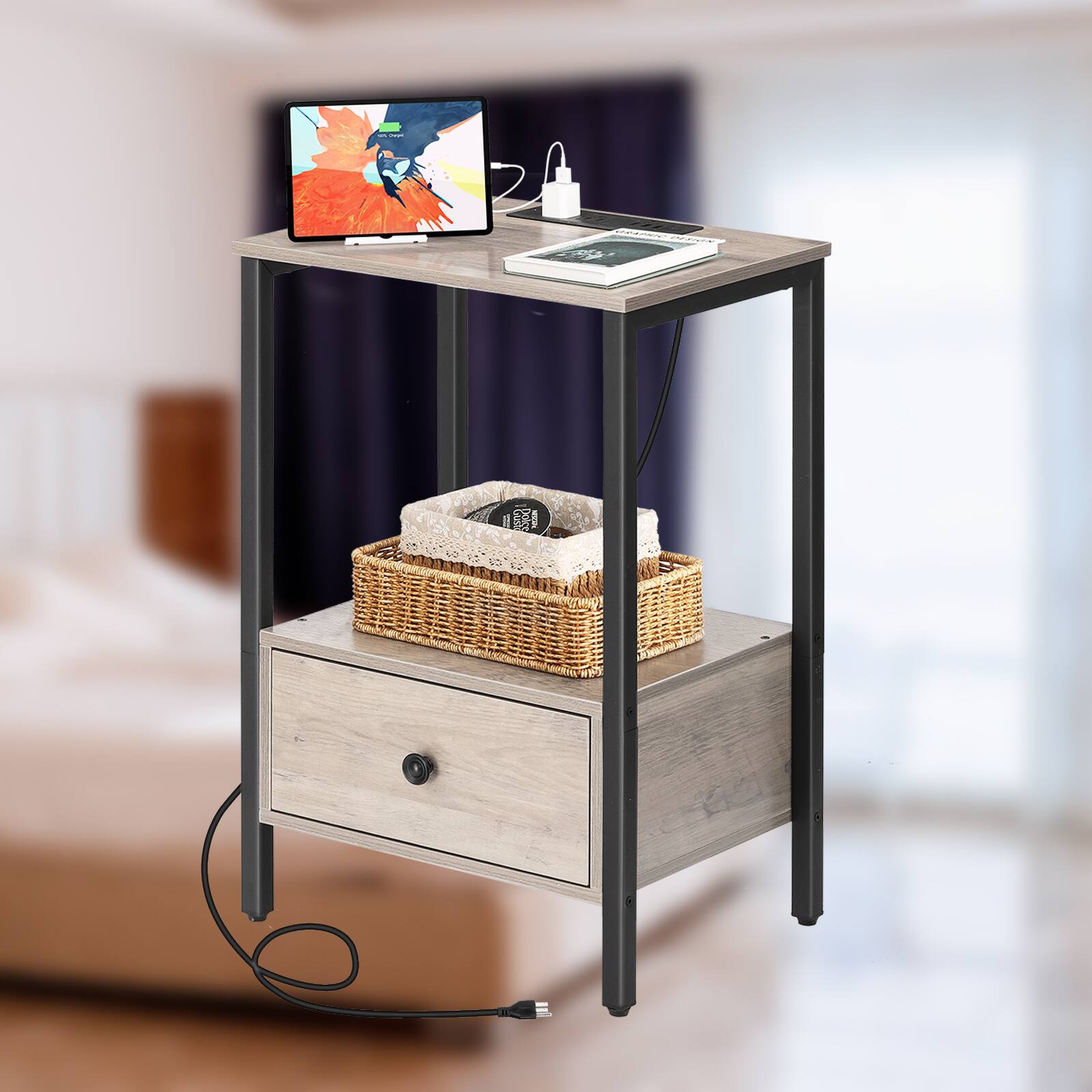 Angle. Oumilen - 2-Tier End Table with Fabric Drawer and Built-In Charging Station, Gray - Gray.