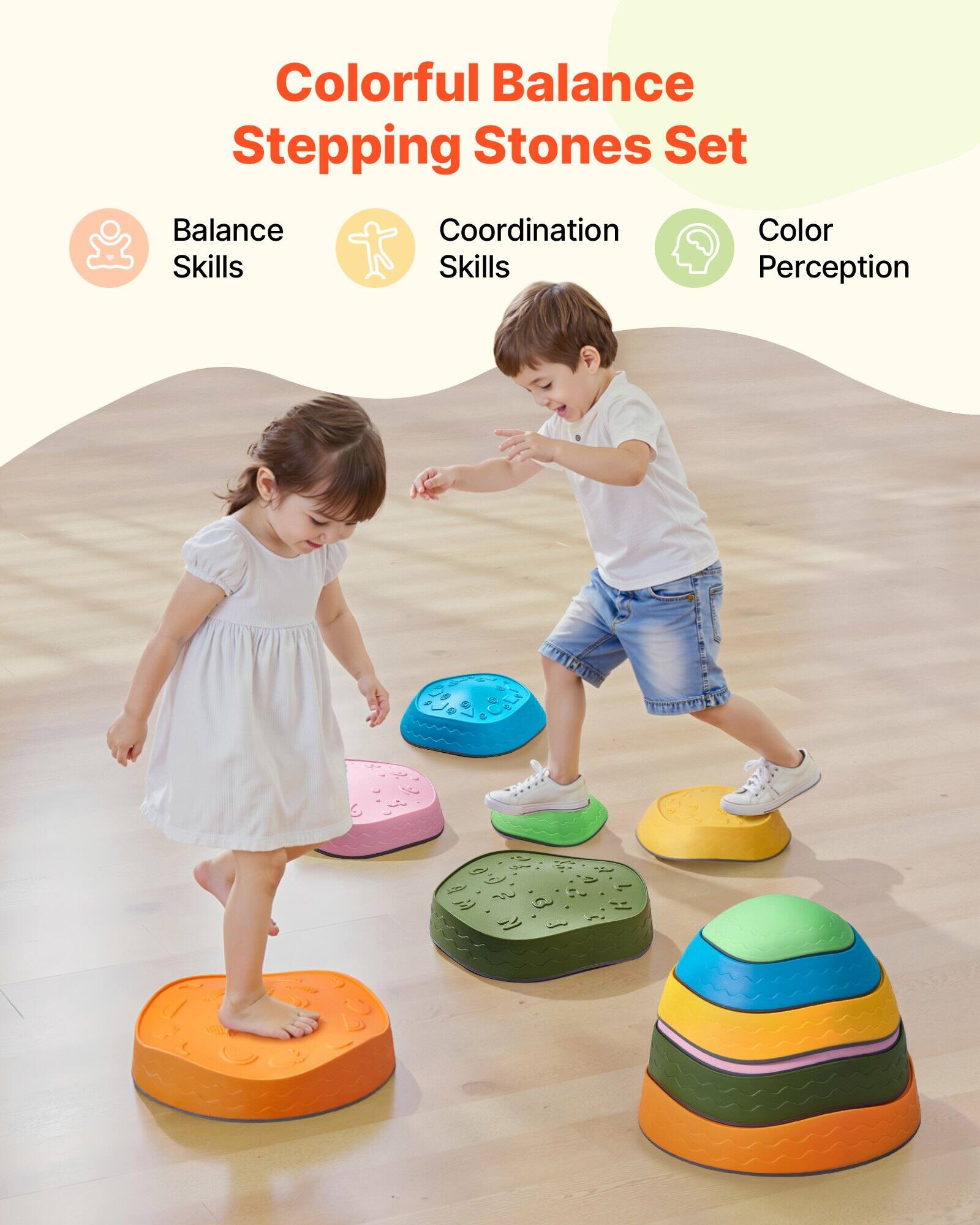 Colorful Balance Stepping Stones Set

- Balance Skills
- Coordination Skills
- Color Perception