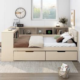 LUCKY ONE - Full Size Wood Platform Bed with Storage Shelves, Drawers, USB Charging Station, Upholstered Headboard - Cream