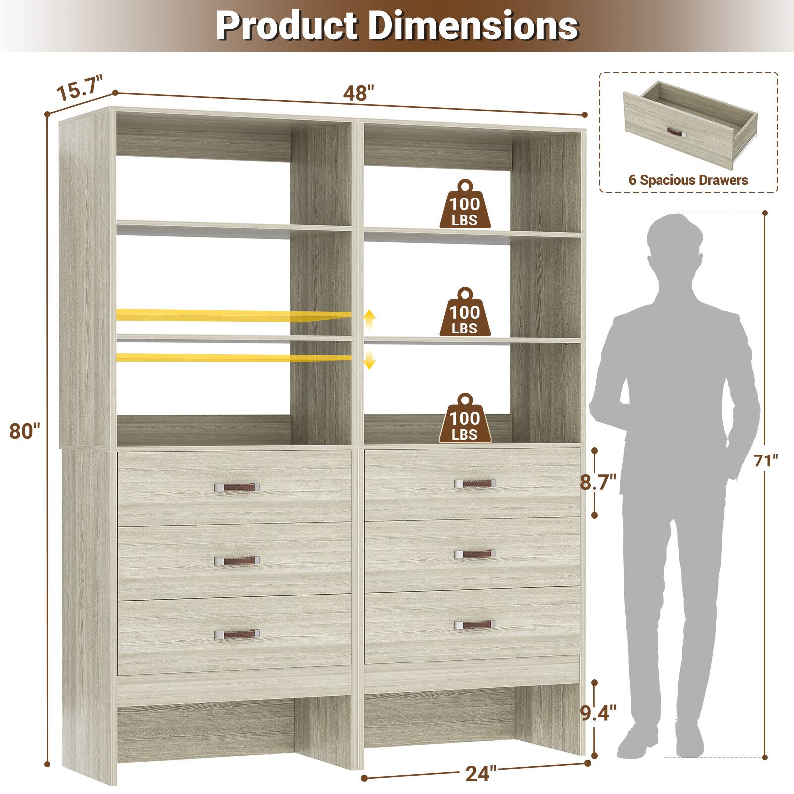15.7" Product Dimensions 48" 100 LBS 6 Spacious Drawers 100 LBS 80" 100 LBS 8.7" 71" 9.4" 24"