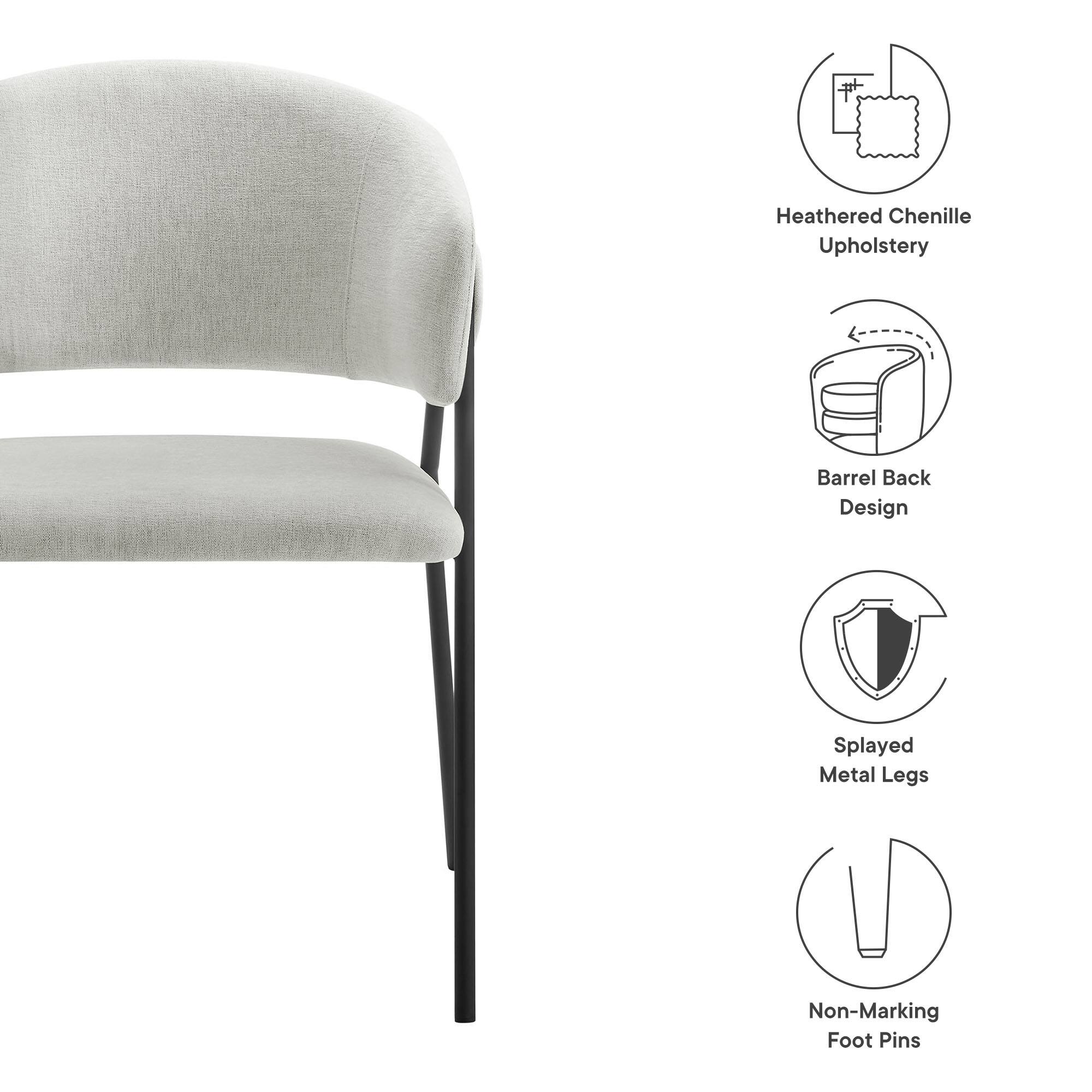 - Heathered Chenille Upholstery
- Barrel Back Design
- Splayed Metal Legs
- Non-Marking Foot Pins