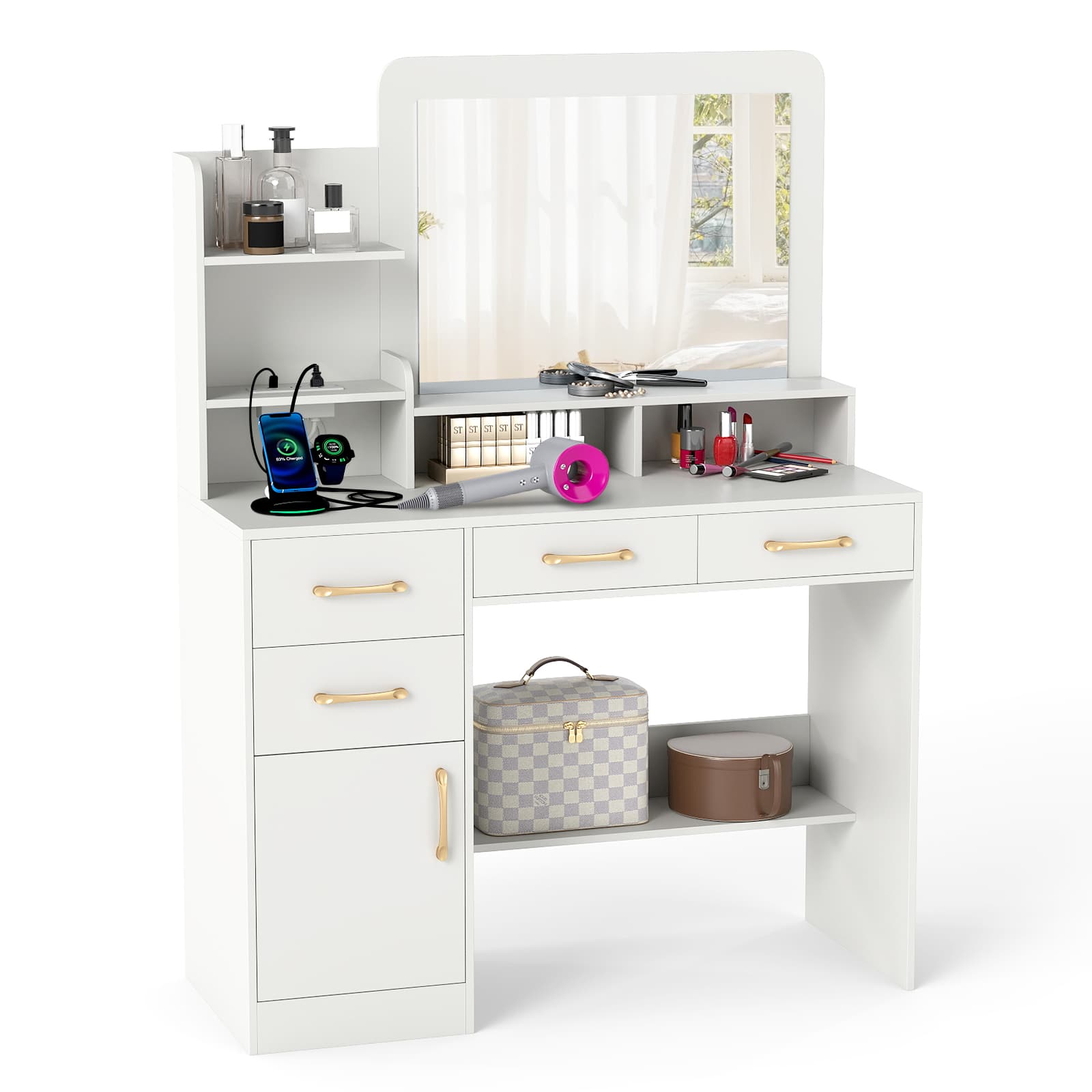 Gymax - 39.5'' Modern Makeup Table Vanity Desk w/ Power Outlets & Open Shelves - White price history on PriceWatchPro