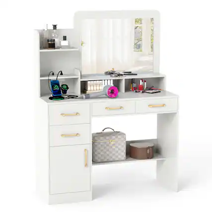 Front. Gymax - Gymax 39.5'' Modern Makeup Table Vanity Desk w/ Power Outlets & Open Shelves White - White.