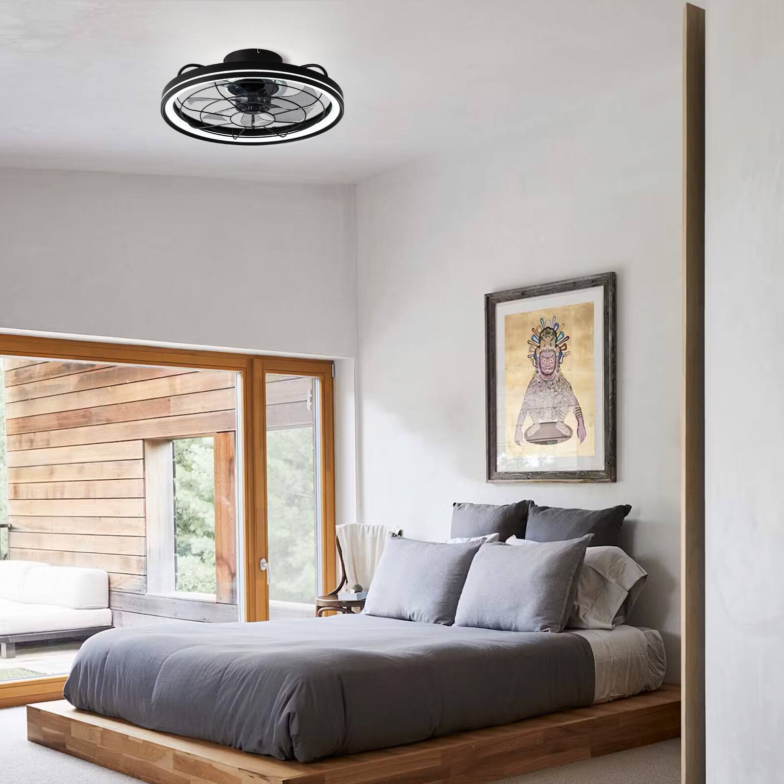 Alt View 6. Siljoy - 20-in Modern Black Caged Ceiling Fan with LED Light Remote App Control 6 Speed Reversible DC Motor - Black.