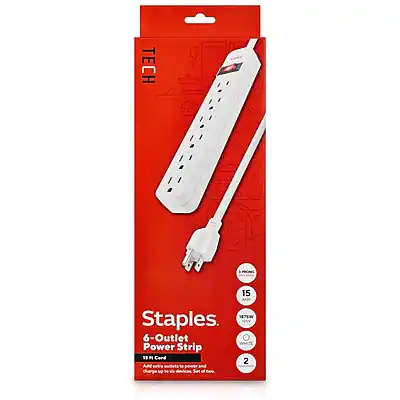 TECH
Staples
6-Outlet Power Strip
15 Amps
18 ft Cord
2 Additional Outlets
Add more outlets to power and charge up to 8 devices