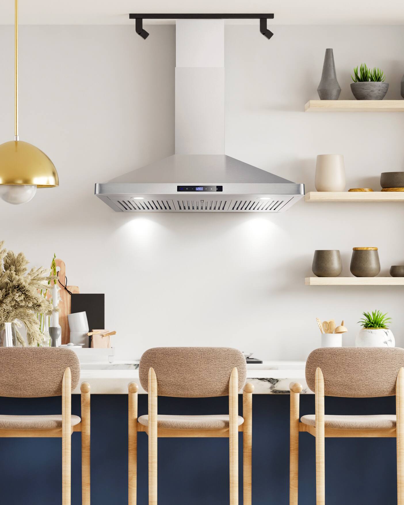 Angle. COSMO - COS-63190S 36 in. Vista Collection 380 CFM Ducted Wall Mount Range Hood, Touch Controls, LED Lights - Stainless Steel.