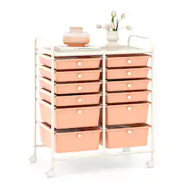 Gymax - 12-Drawer Rolling Storage Cart w/ 2 Sizes Plastic Drawers - Skin Pink