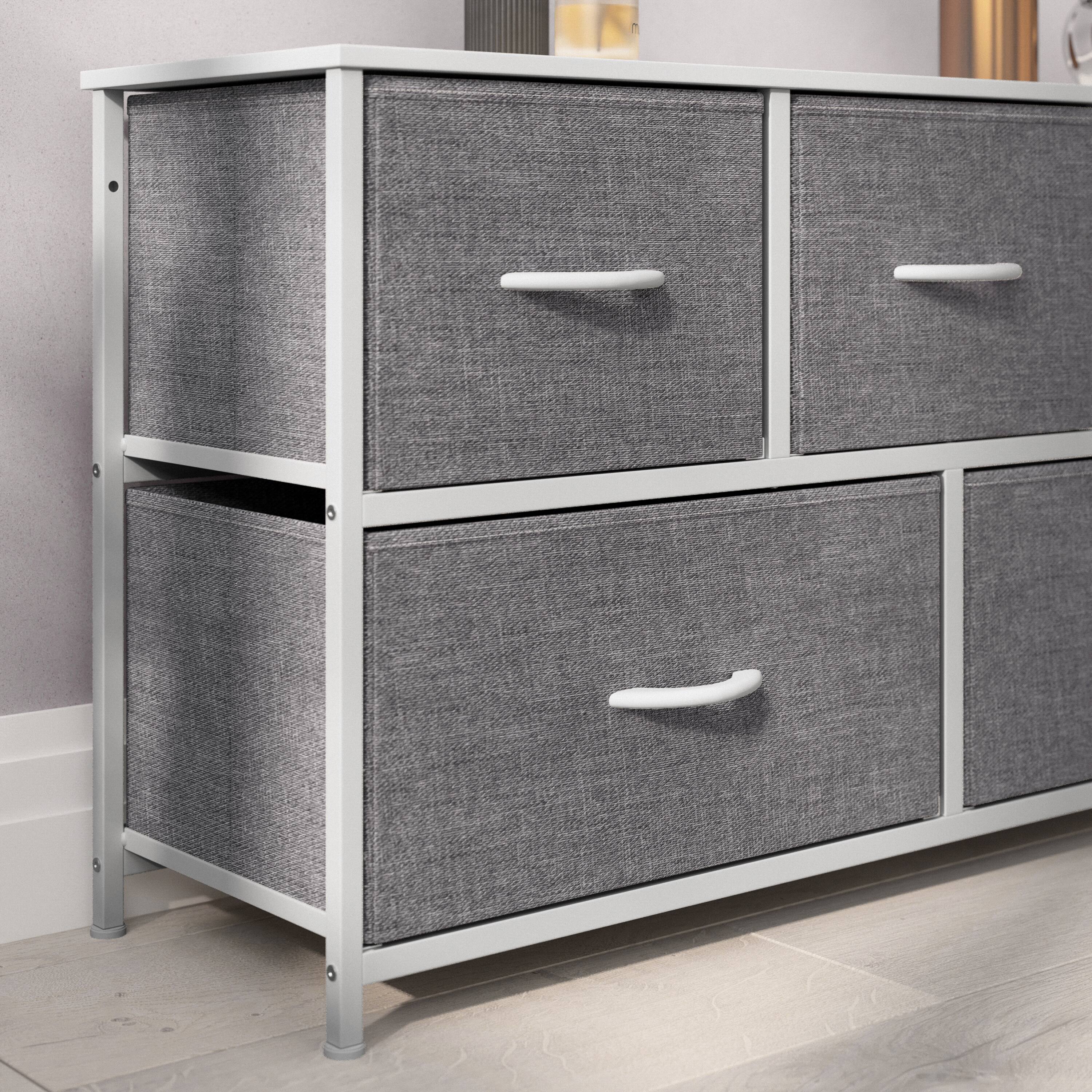Alt View 4. Emma + Oliver - Marley 5 Drawer Storage Dresser with Cast Iron Frame, Wood Top and Easy Pull Fabric Drawers with Wooden Handles - Gray Drawers/White Frame.
