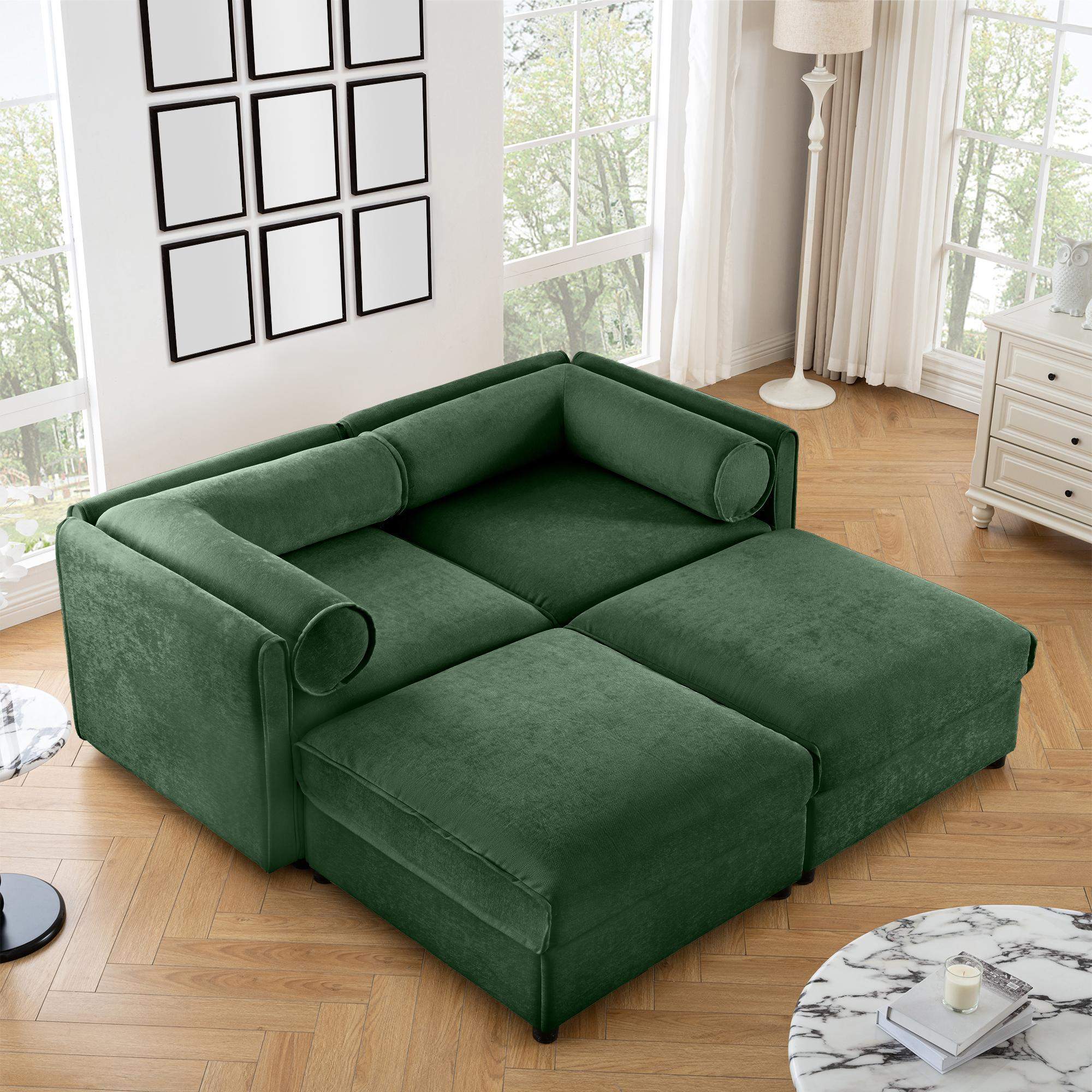 Back. LOVMOR - Stylish Green Chenille 2Seater Sofa with 2 Ottoman Storage Seat Cylindrical Backrest and Armrests Modern Fabric - Green.