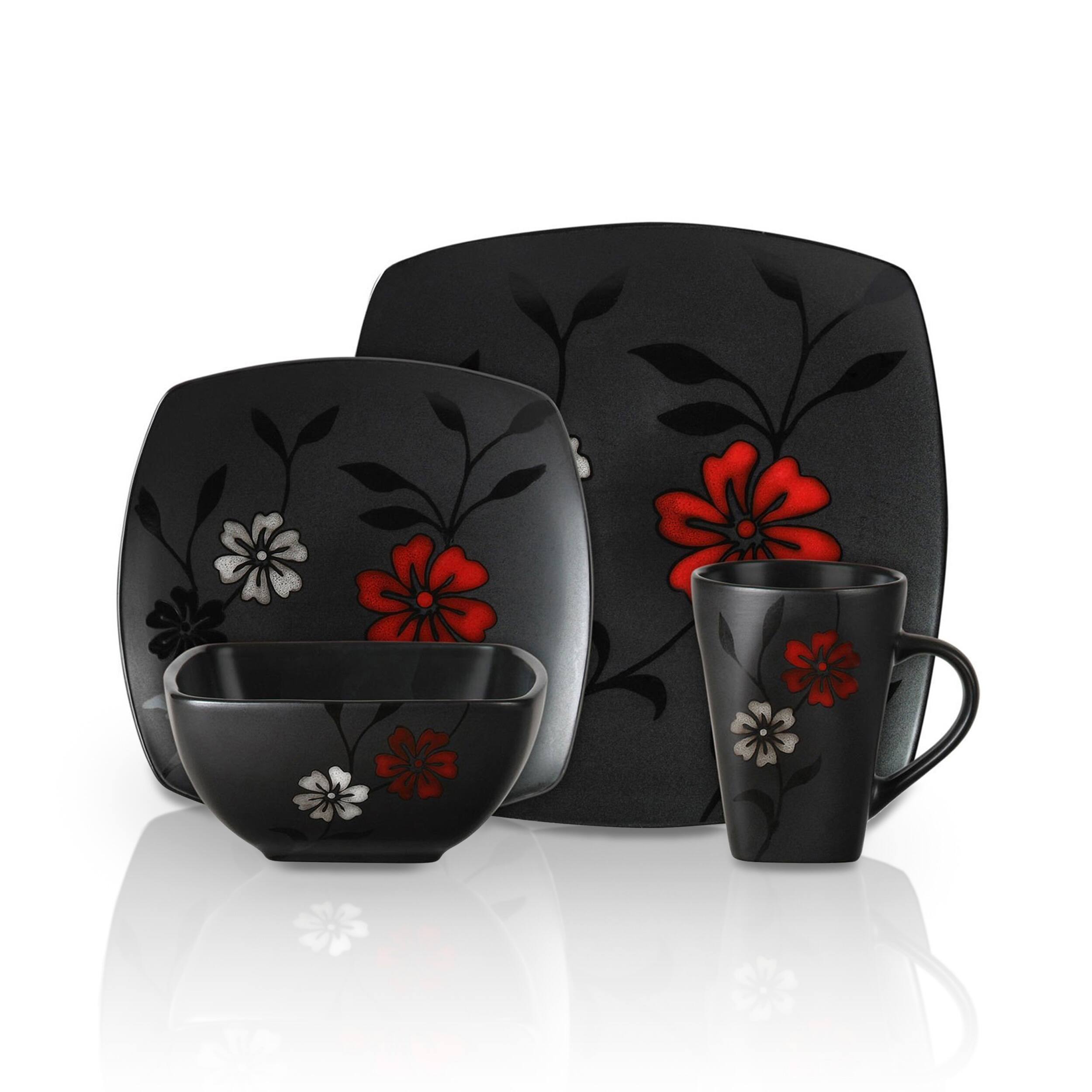 Alt View 1. Gibson - Gibson 16-Piece Evening Blossom Dinnerware Set - Black and Red.
