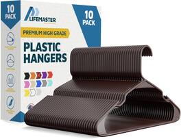 Lifemaster - Plastic Hangers – Heavy Duty, Non-Slip, Space-Saving, Holds 5 lbs, for Clothes, Dresses & Coats, Pack of 10 - Brown