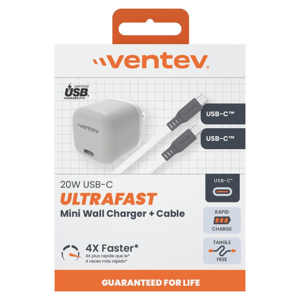 "ventev. CERTIFIED USB CHARGER 20W ventev USB-C™

20W USB-C ULTRAFAST Mini Wall Charger + Cable

USB-C RAPID CHARGE

4X Faster* 4X plus rapide que le* 4 veces más rápido*

TANGLE FREE

GUARANTEED FOR LIFE"