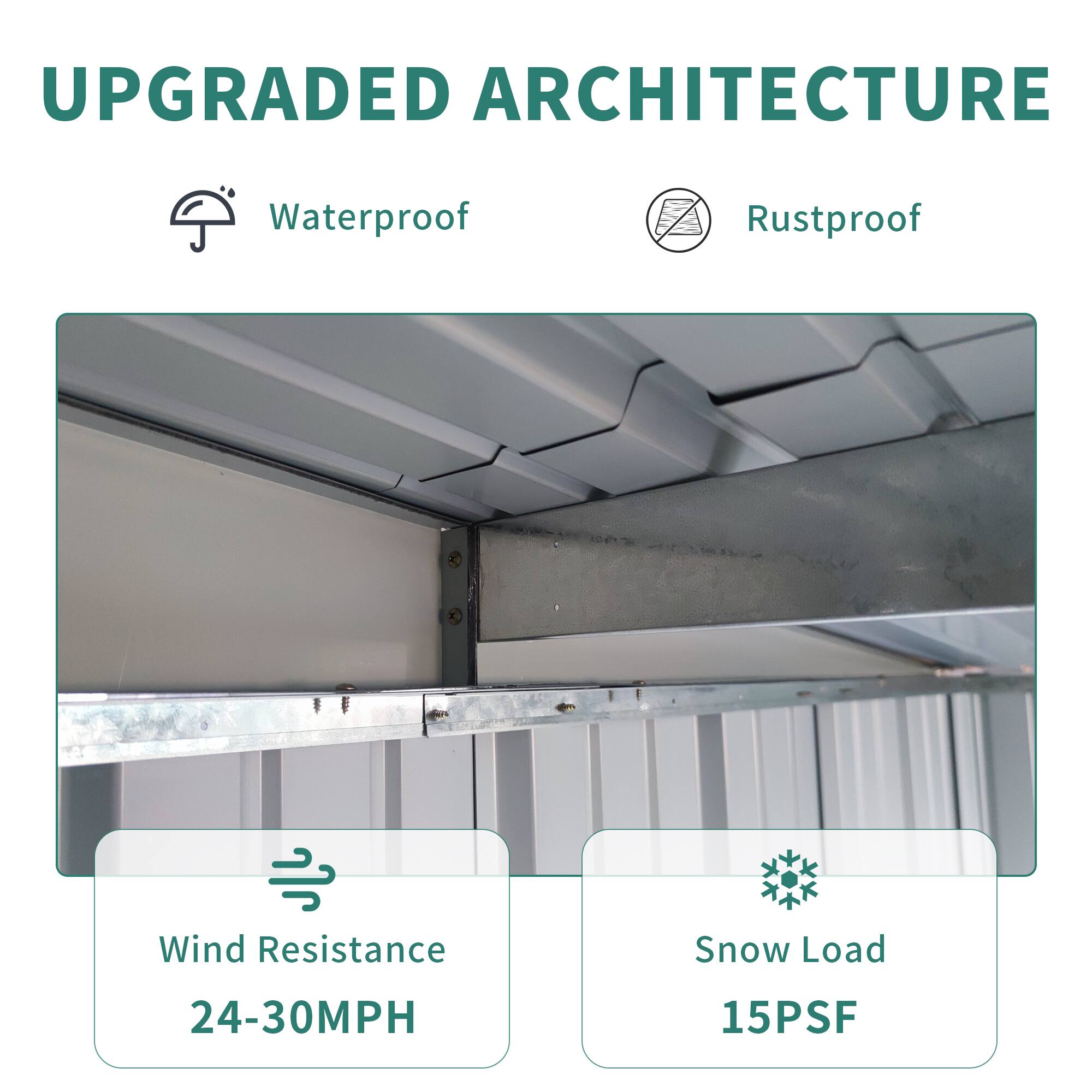 UPGRADED ARCHITECTURE

- Waterproof
- Rustproof

- Wind Resistance: 24-30MPH
- Snow Load: 15PSF