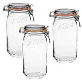 Le Parfait - Super Jar - 1.5L French Glass Canning Jar w/Round Body, Airtight Rubber Seal & Glass Lid, 48oz/Quart & Half (Pack of 3)