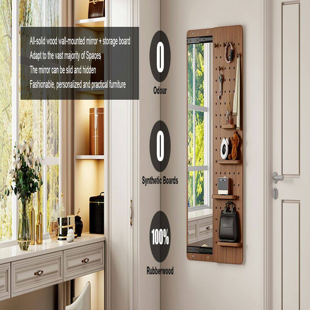 All-solid wood wall-mounted mirror + storage board  
Adapt to the vast majority of Spaces  
The mirror can be slid and hidden  
Fashionable, personalized and practical furniture  

0 Odour  
0 Synthetic Boards  
100% Rubberwood