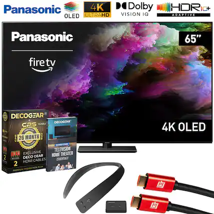 Panasonic 4K OLED UltraHD TV with Dolby Vision IQ and HDR10+ Adaptive. 65" Fire TV. Includes DECOGEAR CPS Bundle with 26-month Premium Protection Plan, Exclusive DECOGEAR HDMI Cables, and Home Theater Essentials.