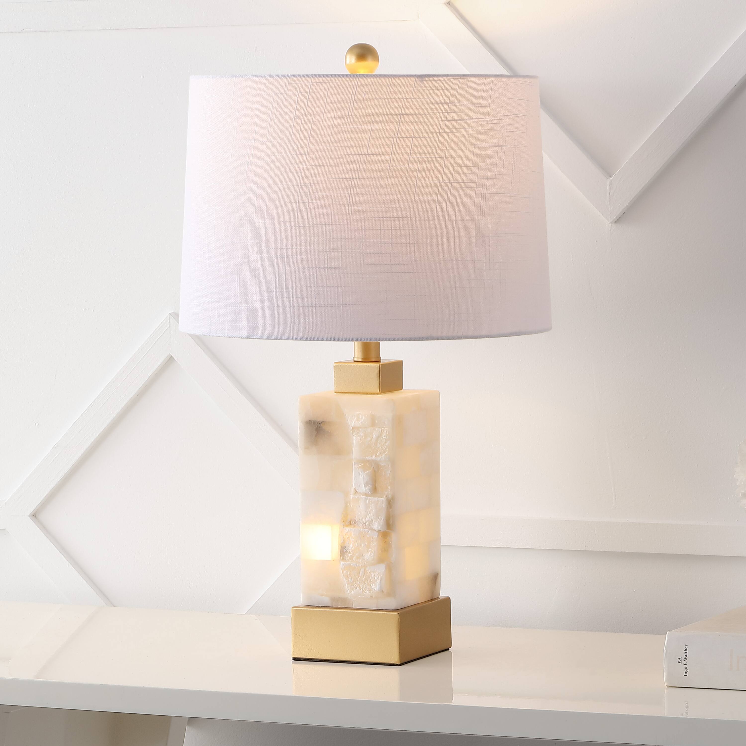 Alt View 1. Jonathan Y - Eloise 23" Coastal Glam Rectangular Alabaster/Metal LED Table Lamp with Nightlight Base, White/Gold Painting - White/Gold Painting.