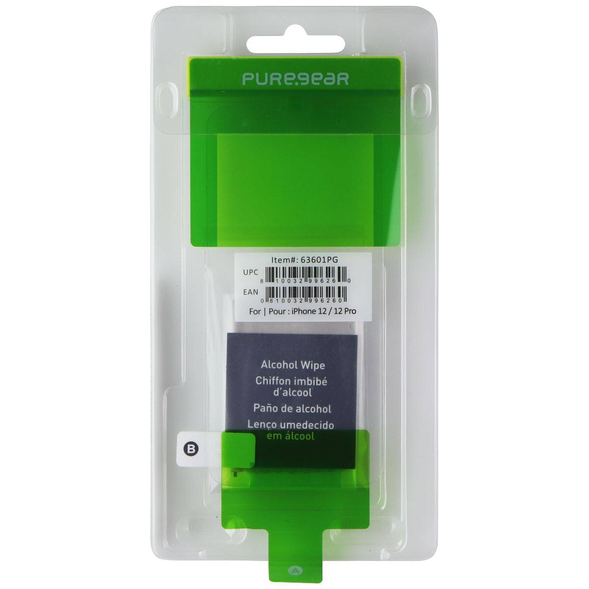 PUREgeaR  
Item#: 63601PG  
UPC: 0032 9626 0  
EAN: 10032 96260  

For: iPhone 12/12 Pro  

Alcohol Wipe  
Chiffon imbibé d'alcool  
Pano de álcool  
Lenço umedecido em álcool