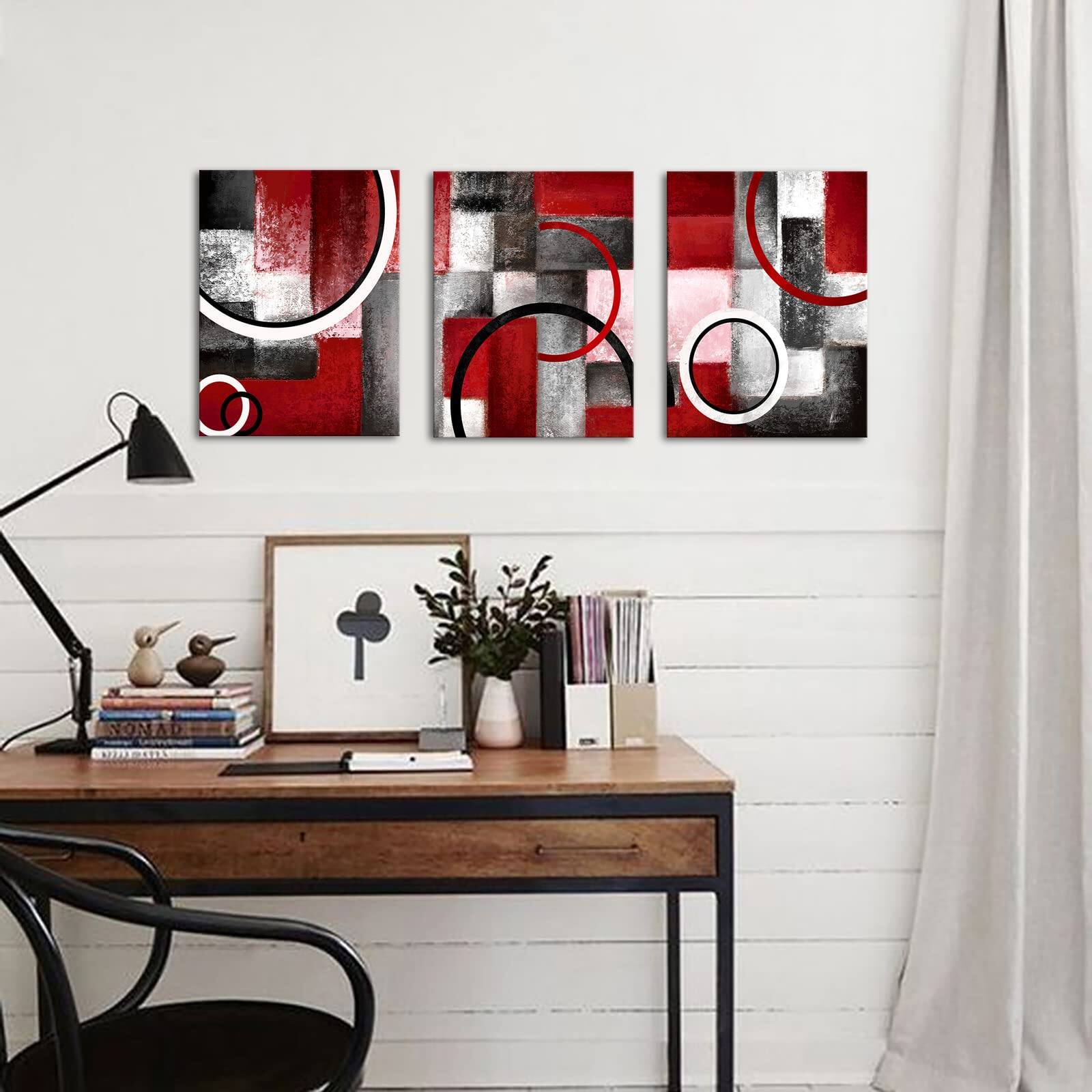 Alt View 1. Hirose Alice - Visual Art Decor Abstract Geometric Circle Canvas Wall Art Rustic Burgundy Red Prints Artwork for Living Room - Red.