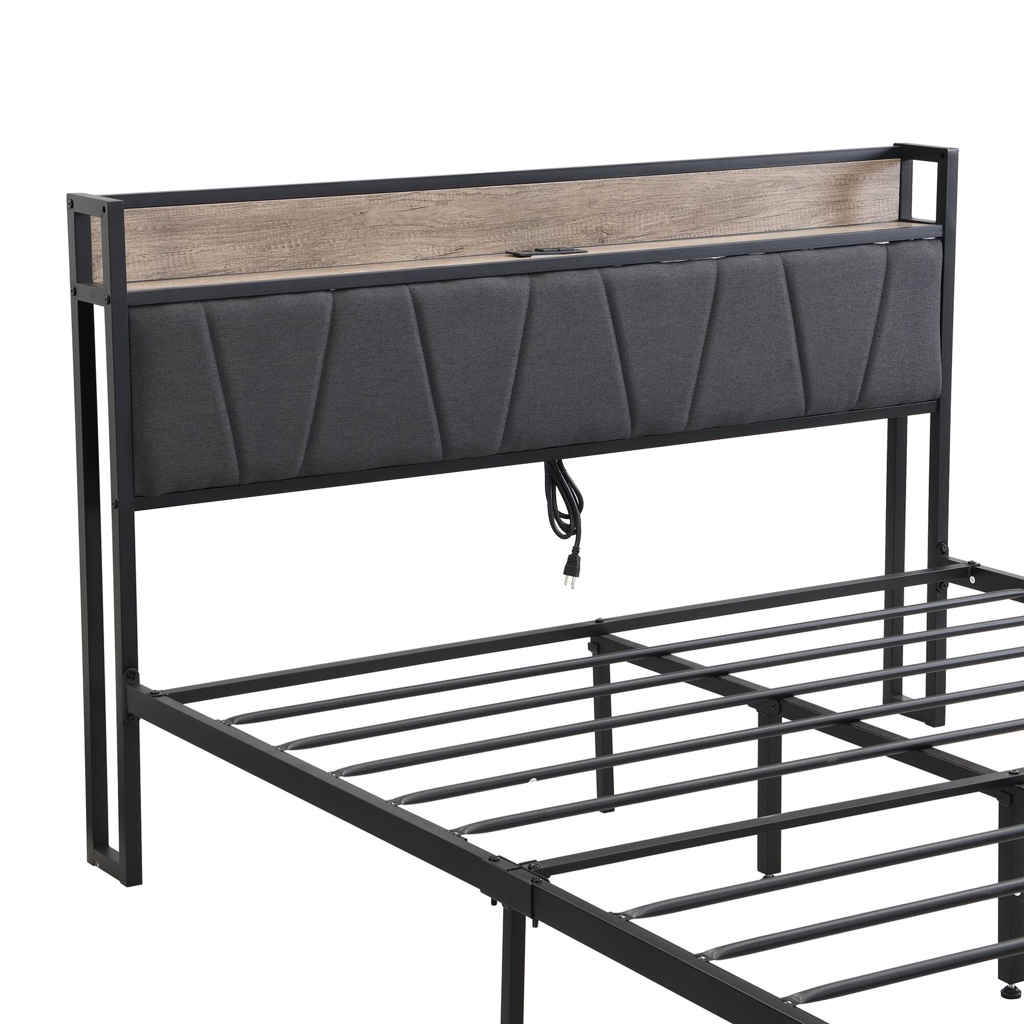 Alt View 4. GOODSILO - Full Size Metal Platform Bed Frame with Upholstered Headboard Footboard Drawers USB Ports Underbed Storage Easy Assembly - Black+Grey.