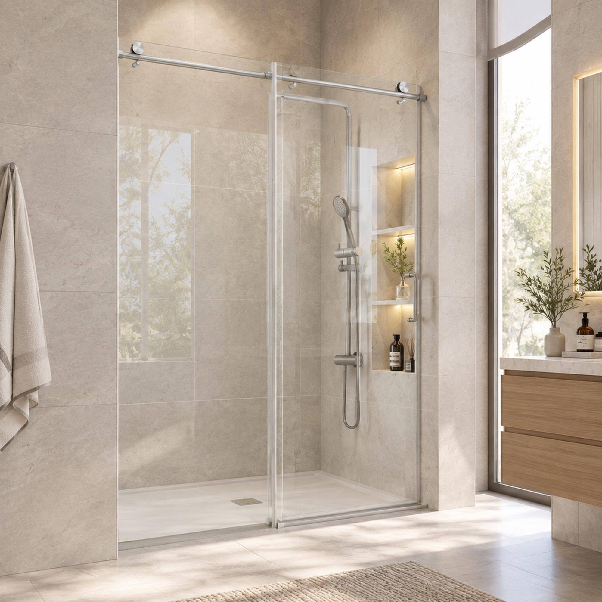 Front. RYHNUYNE - 56-60" W X 76" H Single Sliding Shower Door With 1/4" Tempered Glass, Brushed Nickel Finish - Brushed Nickel.
