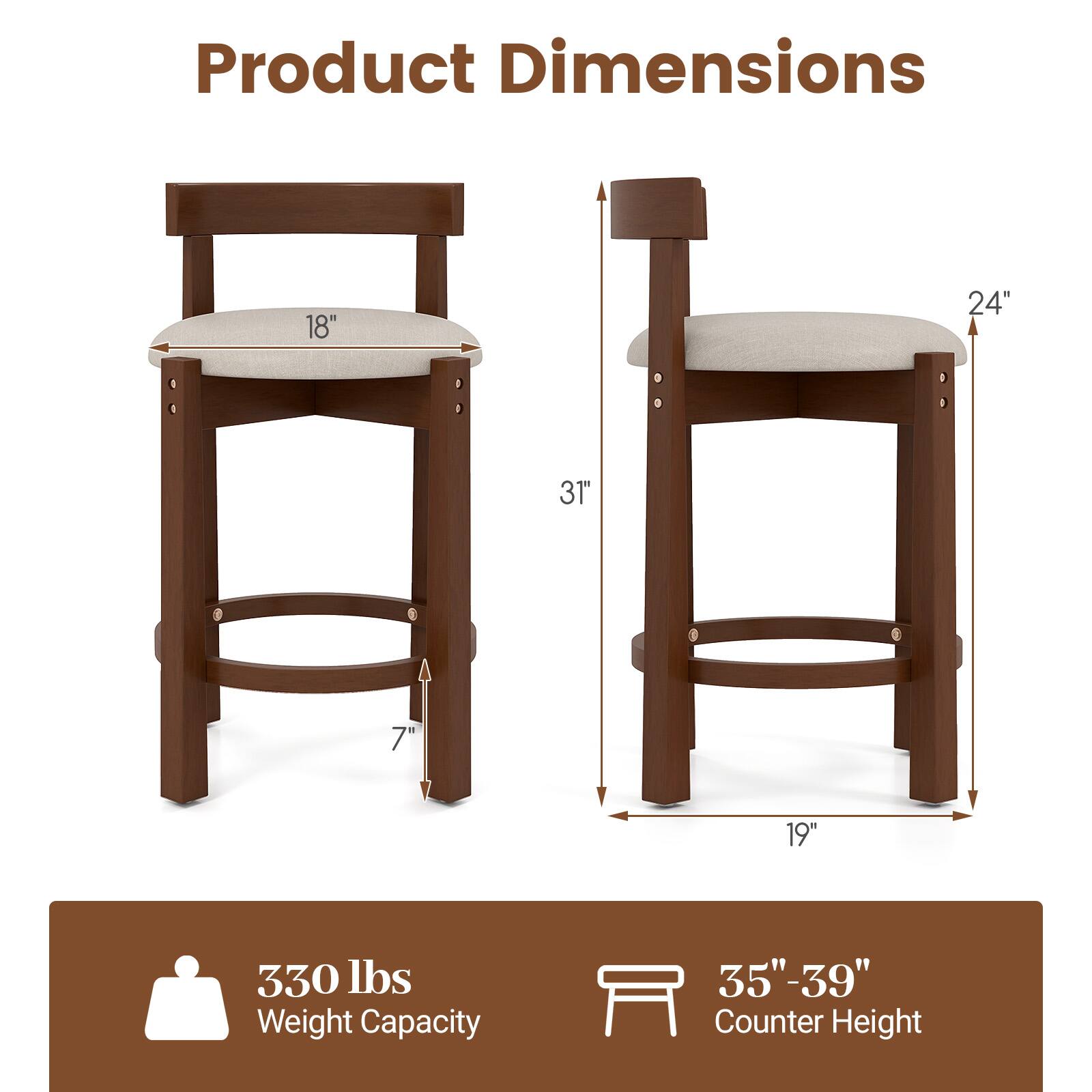 Product Dimensions

- Seat Width: 18"
- Seat Depth: 19"
- Seat Height: 7"
- Back Height: 24"
- Overall Height: 31"
- Weight Capacity: 330 lbs
- Counter Height: 35"-39"